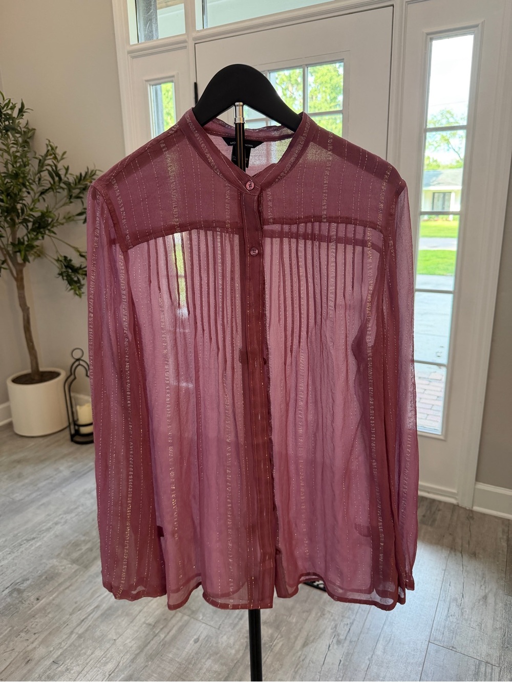 Moda International Boho Metallic Sheer Stripe Silk Button-Down Top Blouse